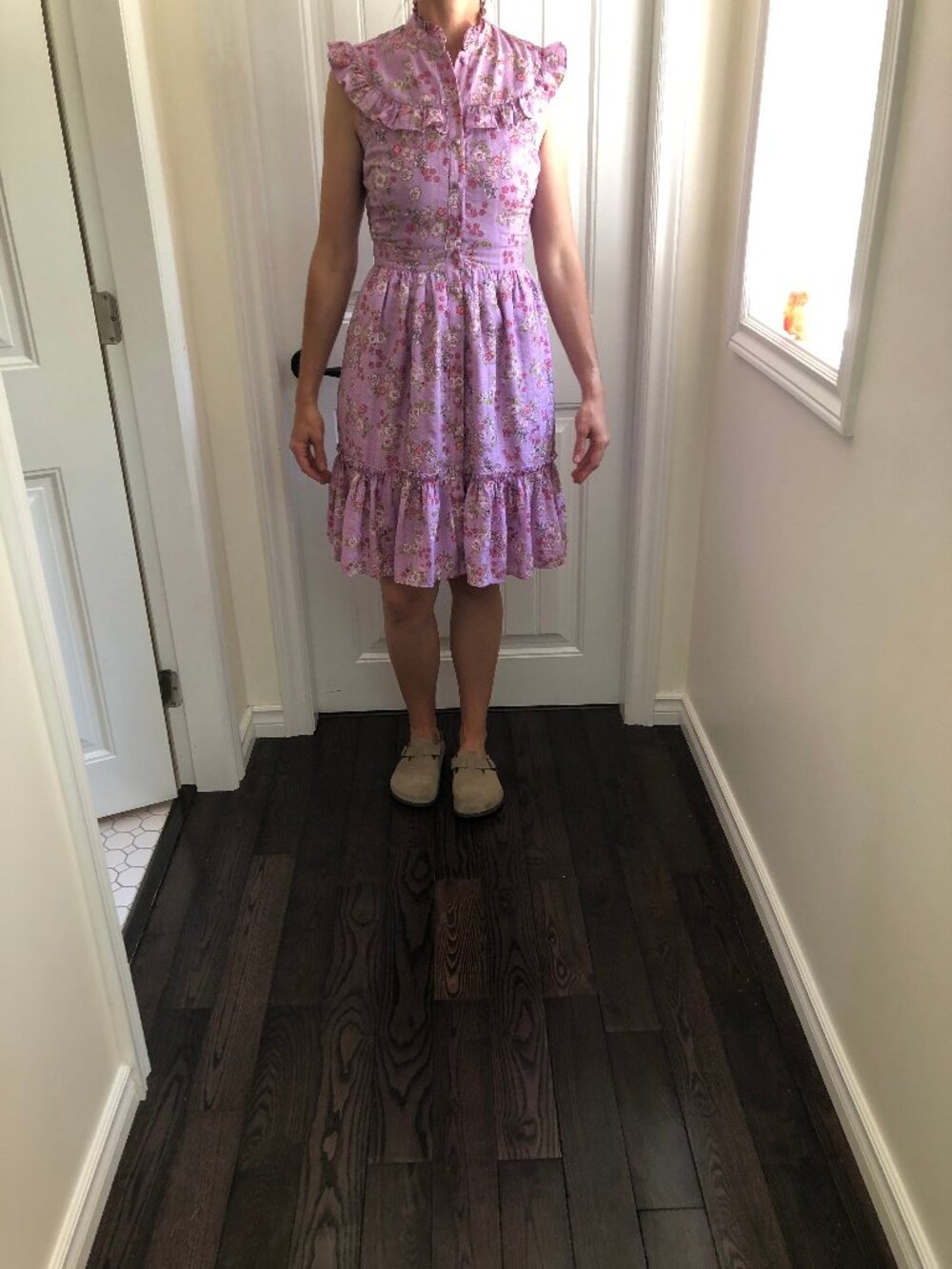 Unique Vintage Lavender Floral Ruffle Midi Dress - Picture 3 of 5